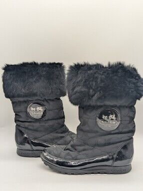 Coach Joyous Quilted Faux Fur Snow Boots Women's size 6 Black Mid-Calf Winter